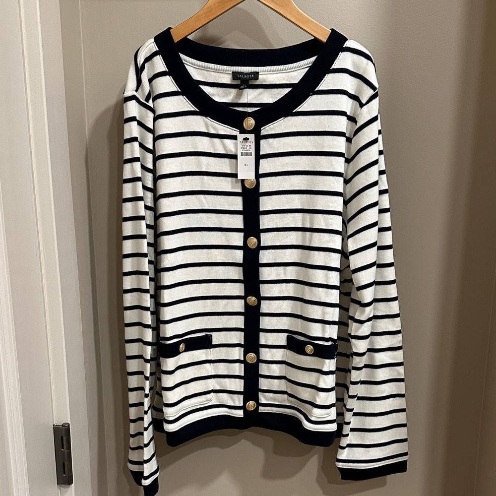 Talbots Navy and White Striped Cardigan